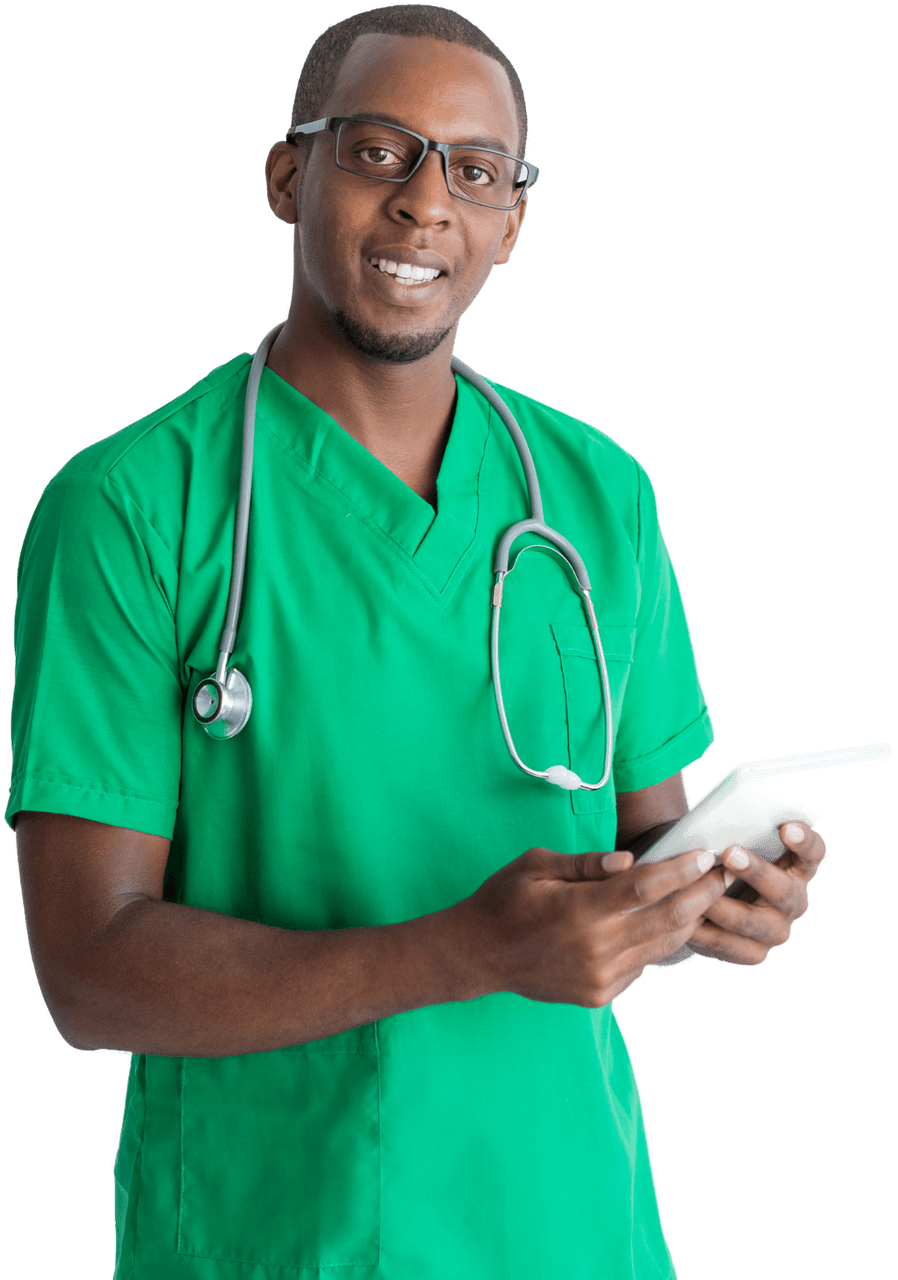 Optometrist reviewing a patient record on a tablet